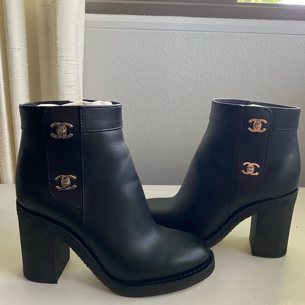 New Chanel Black Booties, w/light gold hardware